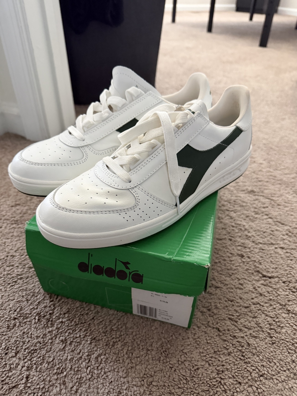 Diadora White Leather Sneakers with Dark Green Accent